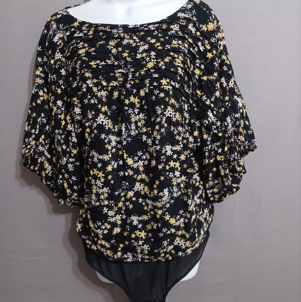 Free People Intitmately body suit black, floral round neck NWT sz M